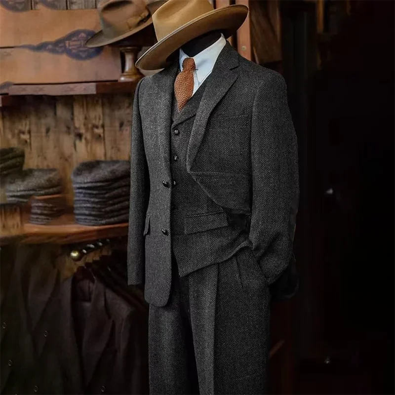 Men's Suits Blazer Pants Vest 3-piece Suit Herringbone Single Breasted Slim Fit Men Suit Set Luxury 2025 Costumes Man Formal