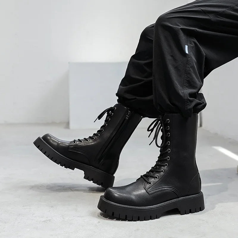 Men's Motorcycle Boots Fashion Casual Boots Men's  High Top Leather Boots Fashion Thick Soled Non Slip Outdoor Boots