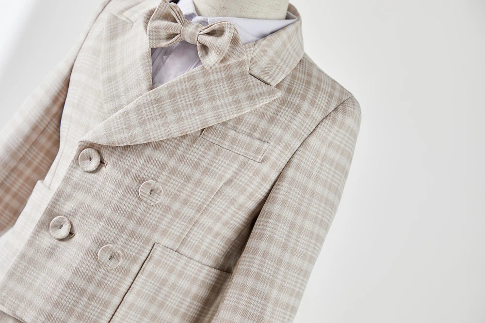 Baby Photograph Boys Suit Children Clothes Set Spring Khaki Lattice Birthday Dress Kids costume Tuxedo Coat+Shorts With Strap