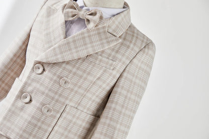 Baby Photograph Boys Suit Children Clothes Set Spring Khaki Lattice Birthday Dress Kids costume Tuxedo Coat+Shorts With Strap