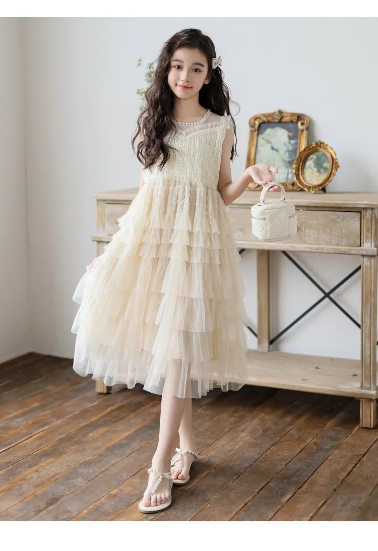 Tulle Tiered Dress for Girls 2026 New Summer Sleeveless Vest Princess Dress Daily Party Holiday Beige Teenage Children Clothes