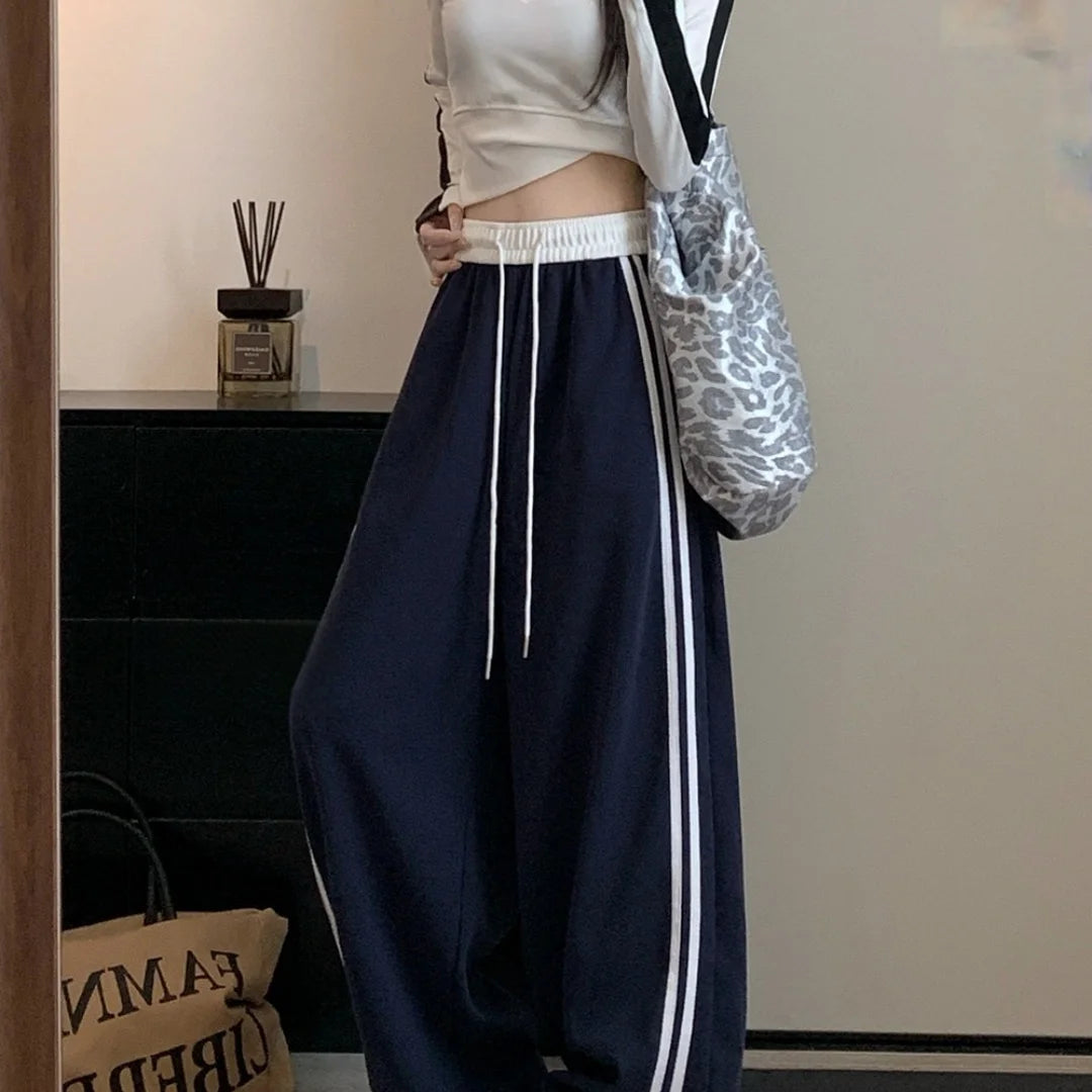 Girls Sweatpants Elastic Waist Drawstring Side Double Striped High Waist Loose Fit Wide Leg Straight Cut Casual Pants Streetwear