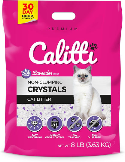 Front packaging of Calitti Lavender Scent Non-Clumping Crystals Cat Litter 8 lb bag