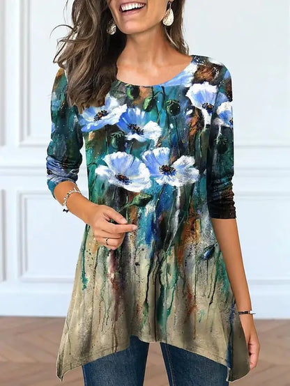 Plus Size Women's Floral Print Round Neck Dress