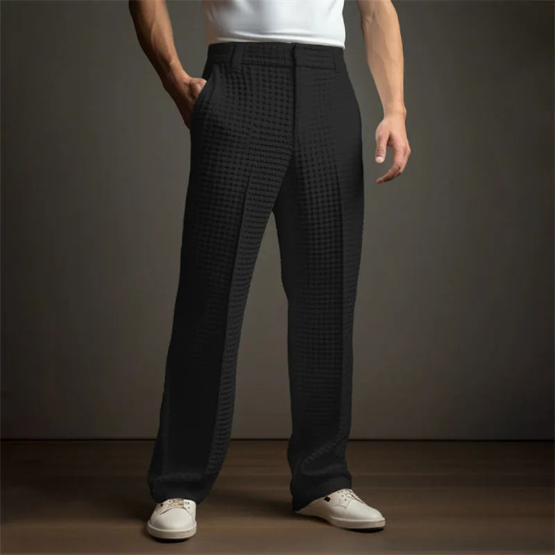 Men's Dress Business Solid Color Waffle Slant Front Bag Straight Casual Vacation Fashion Pants