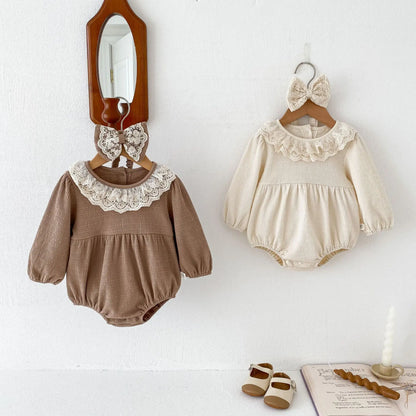 Baby Girls Clothes Toddler Autumn Winter Long Sleeve Lace Romper With Headwear For Infant Homewear Jumpsuit Baptism Overall