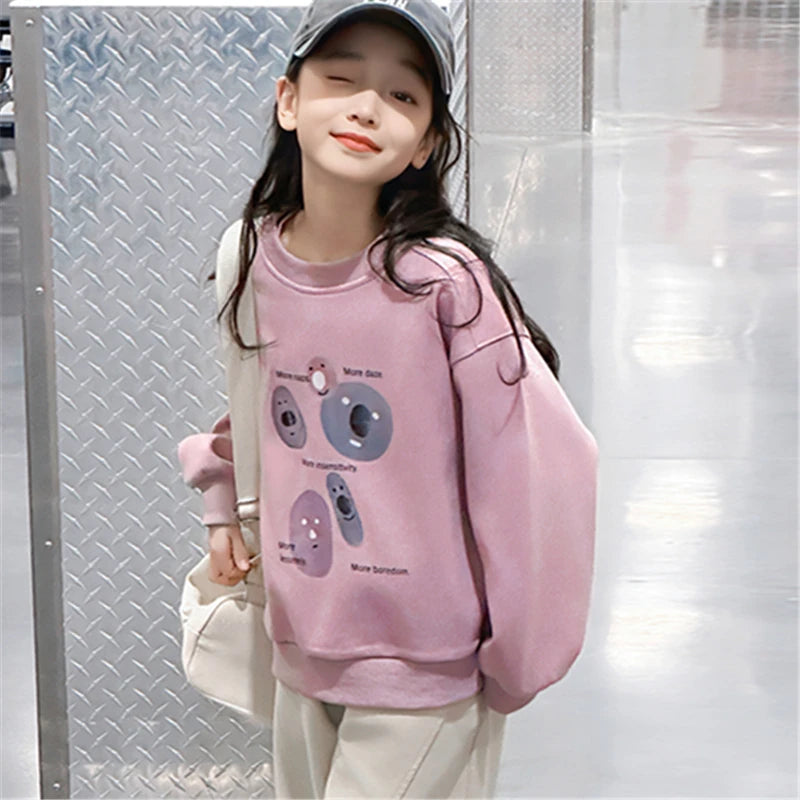 Fashion Cartoon Print Children's Sweatshirt For Teenage Girls Spring and Autumn Round Neck Sweatershirt Outfit Kids 5-14 Years