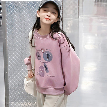Fashion Cartoon Print Children's Sweatshirt For Teenage Girls Spring and Autumn Round Neck Sweatershirt Outfit Kids 5-14 Years