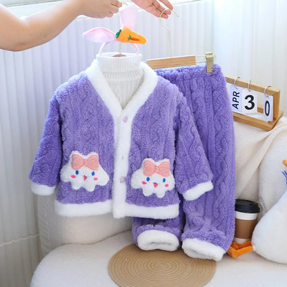New Kids Girls Pajamas Set Thick Warm Cartoon Two Piece Loungewear Soft Comfortable Sleepwear Home Clothes for 3-10 Years Winter