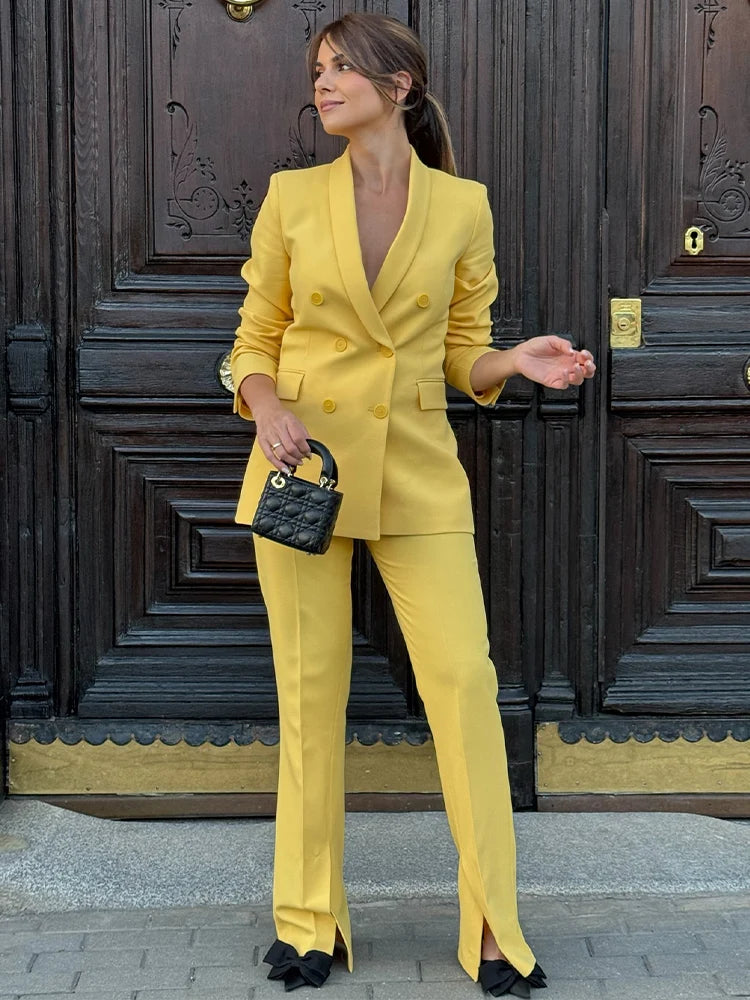 HH Women Spring Suit Turn-Down Collar Long Sleeves Double-Breasted Blazers+Mid Waist Zipper Flared Pants Women Casual Set