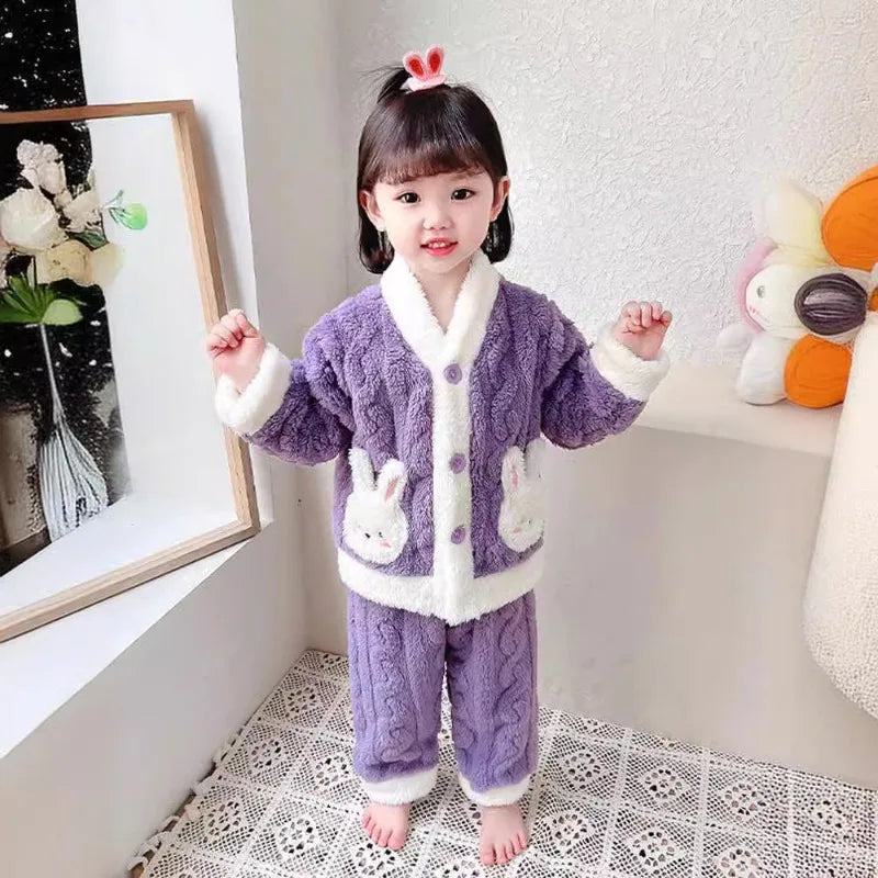 Girls Pajamas Set Autumn and Winter Flannel Children's and Girls' Fleece Thickened Warm Coral Fleece Loungewear Pajama Set