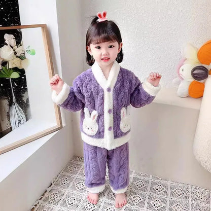Girls Pajamas Set Autumn and Winter Flannel Children's and Girls' Fleece Thickened Warm Coral Fleece Loungewear Pajama Set