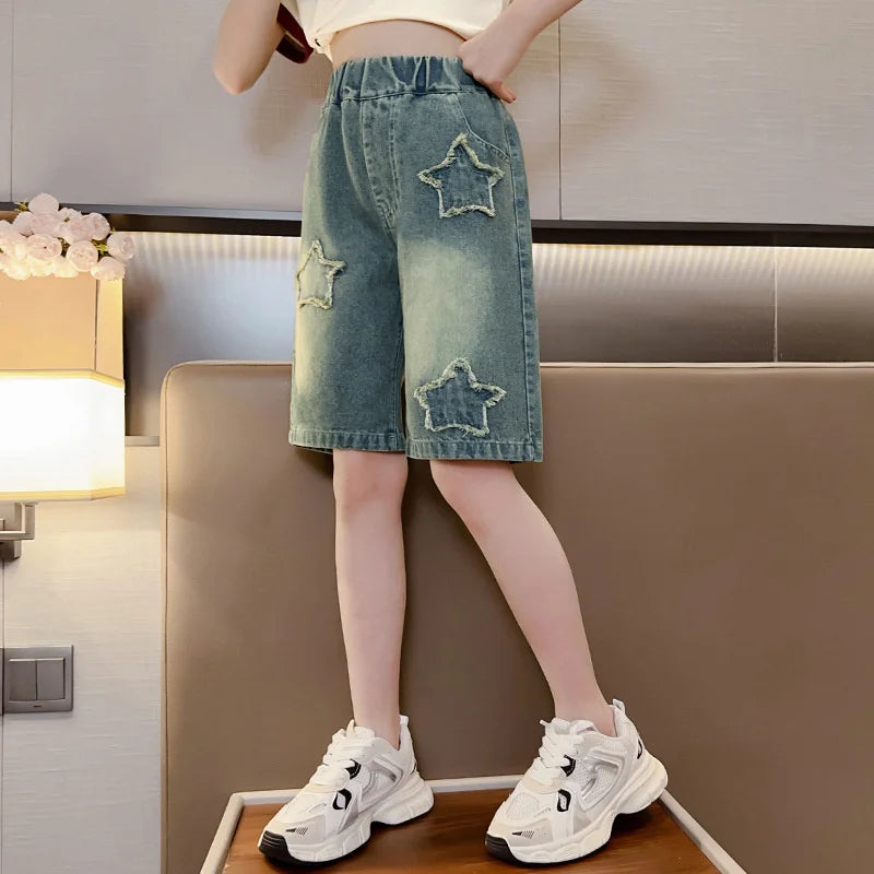 Girls Jeans Shorts Summer Casual Loose Denim Shorts Children Wide Leg Short Pants Teen High waist Straight Trousers 5-14 Years