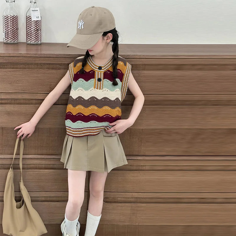 Girls Wave Pattern Summer Sweater + Skirt Clothing Set Kids Child High Quality Streetwear Knitted Top and Bottom Clothes Set