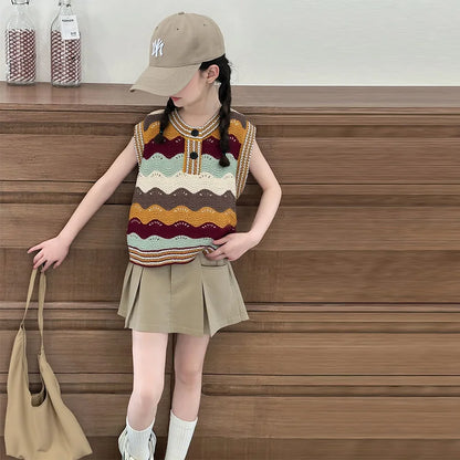 Girls Wave Pattern Summer Sweater + Skirt Clothing Set Kids Child High Quality Streetwear Knitted Top and Bottom Clothes Set