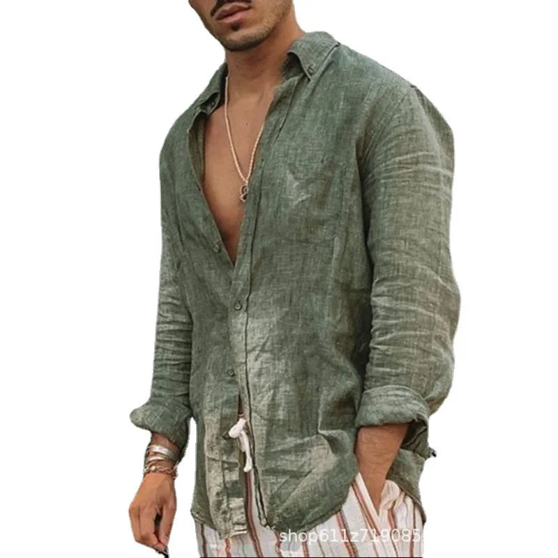 Beach Shirt Men's Casual Shirt Long Sleeve Lapel Cardigan Solid Color Cotton Linen Shirt Men's Tops Light Breathable Streetwear