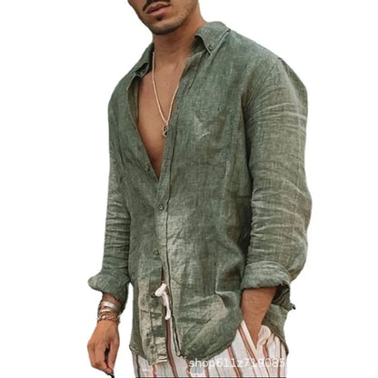 Beach Shirt Men's Casual Shirt Long Sleeve Lapel Cardigan Solid Color Cotton Linen Shirt Men's Tops Light Breathable Streetwear