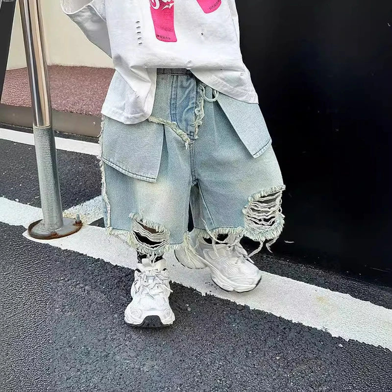 Boy Summer Shorts Kids Casual Denim Jeans Children Knee Length Pants Infant Fashion Ripped Denim Shorts Baby Elastic Waist Short