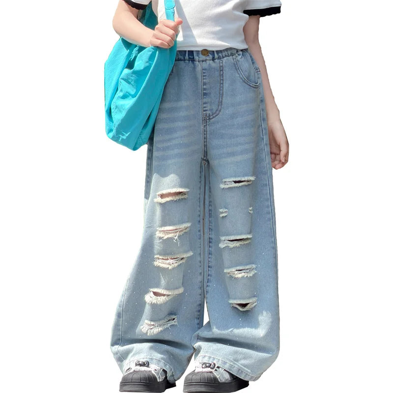Teenage Girls Cool Denim Pants for Summer Loose Rhinestone Jeans Casual Trousers With Hole Kids Elastic Waist Jeans 5 To 14Years