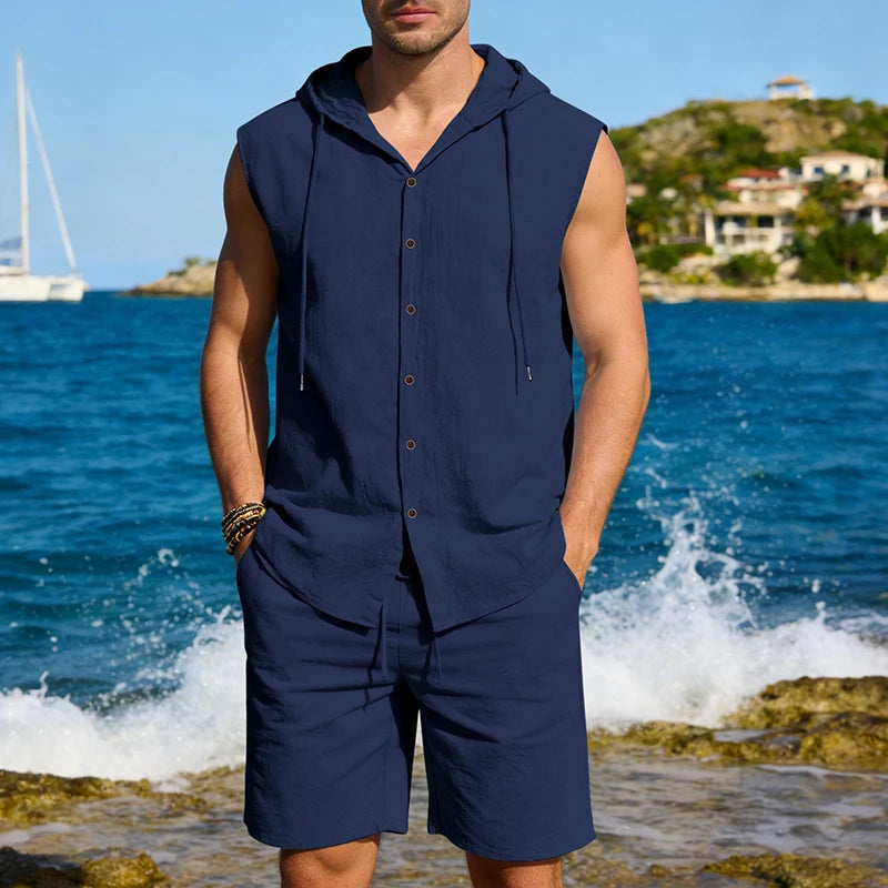 Men's two-piece linen hooded set sleeveless cardigan hoodie & knee-length shorts suitable for casual summer beachwear