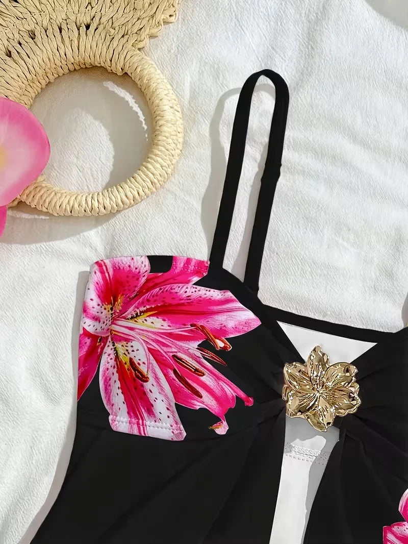 Teen Girl Swimsuit 2pcs Black Tankini Sets Girls Separate Swimwear for 7-16 Years Children Bathing Suit Metal Floral Beach Wear