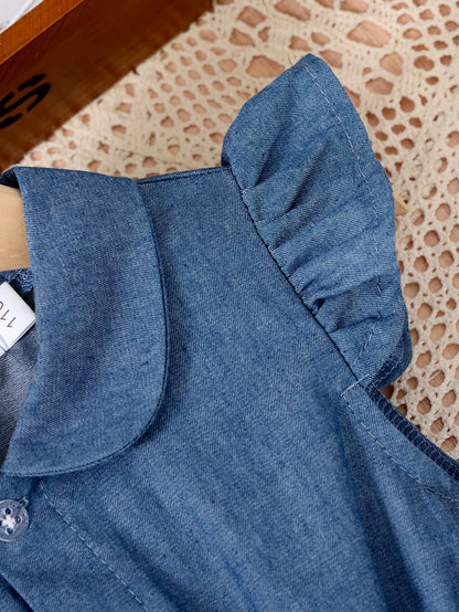 Girls Casual Dresses Denim Print Button Bow Ruffled sleeves Floral Tulle Cute Princess Formal Dresses Children Casual Dresses