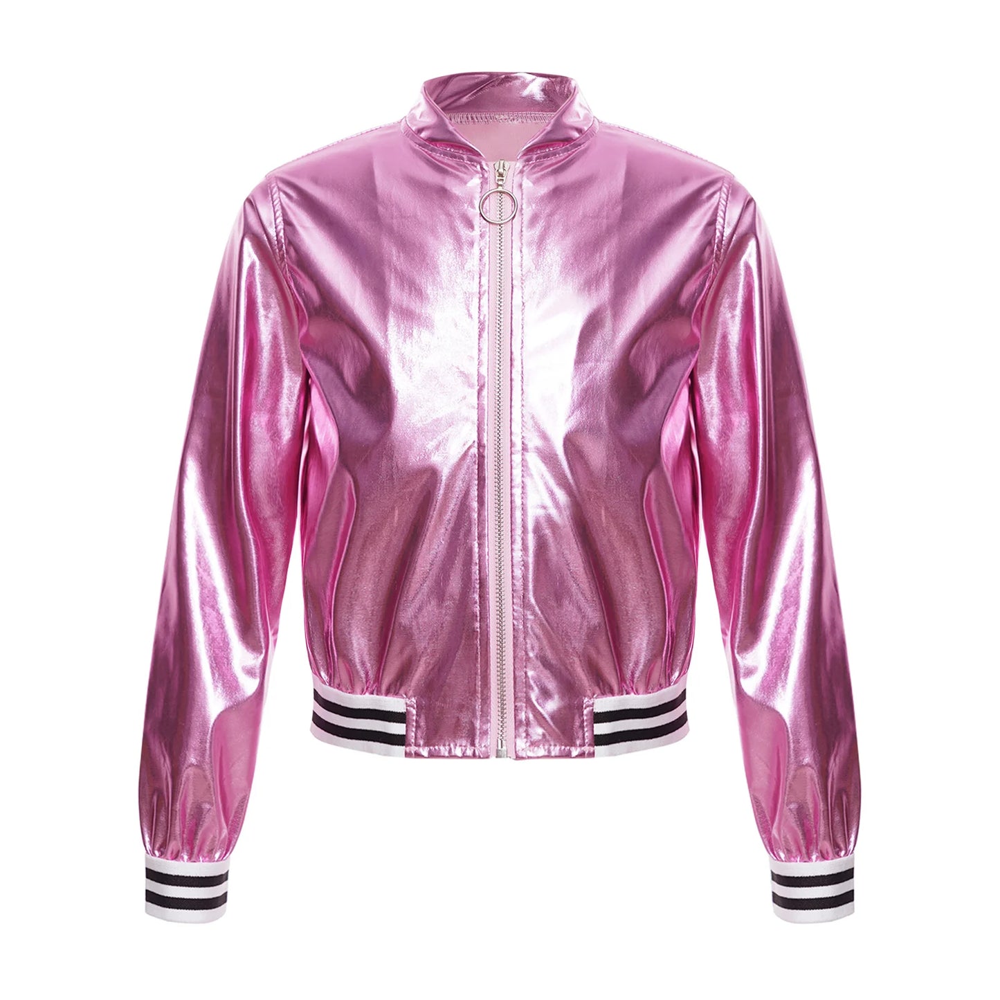 Kids Girls Long Sleeve Casual Sports Bomber Jackets Jazz Hip-hop Street Dance Costume Boys Shiny Metallic Baseball Outwear Coats