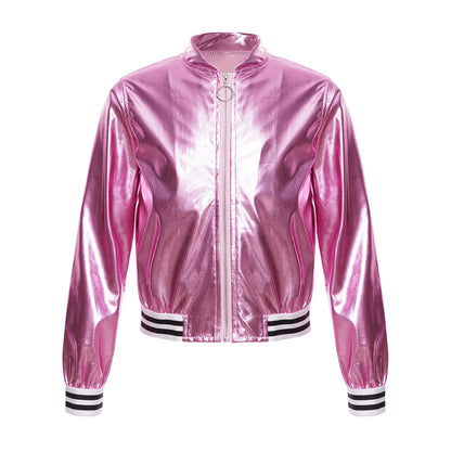 Kids Girls Long Sleeve Casual Sports Bomber Jackets Jazz Hip-hop Street Dance Costume Boys Shiny Metallic Baseball Outwear Coats