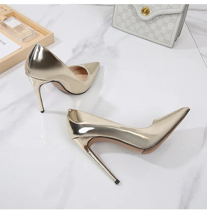 High Heels for Women ELEGANT Sweet Fashion British Style Slip-On 12CM Thin Heels Pointed Toe Office Career Women Shoes Gold 46