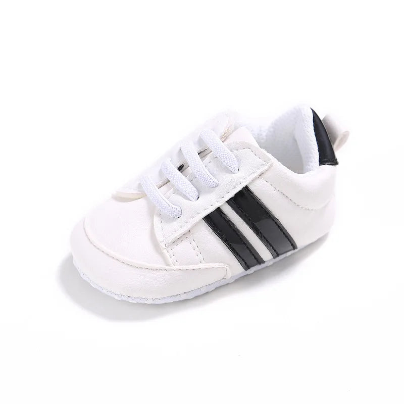 Newborn Baby Boys Shoes for 1 Year Footwear with Striped Infant Casual PU Leather Toddler Soft Sole Girls Sneakers First Walkers