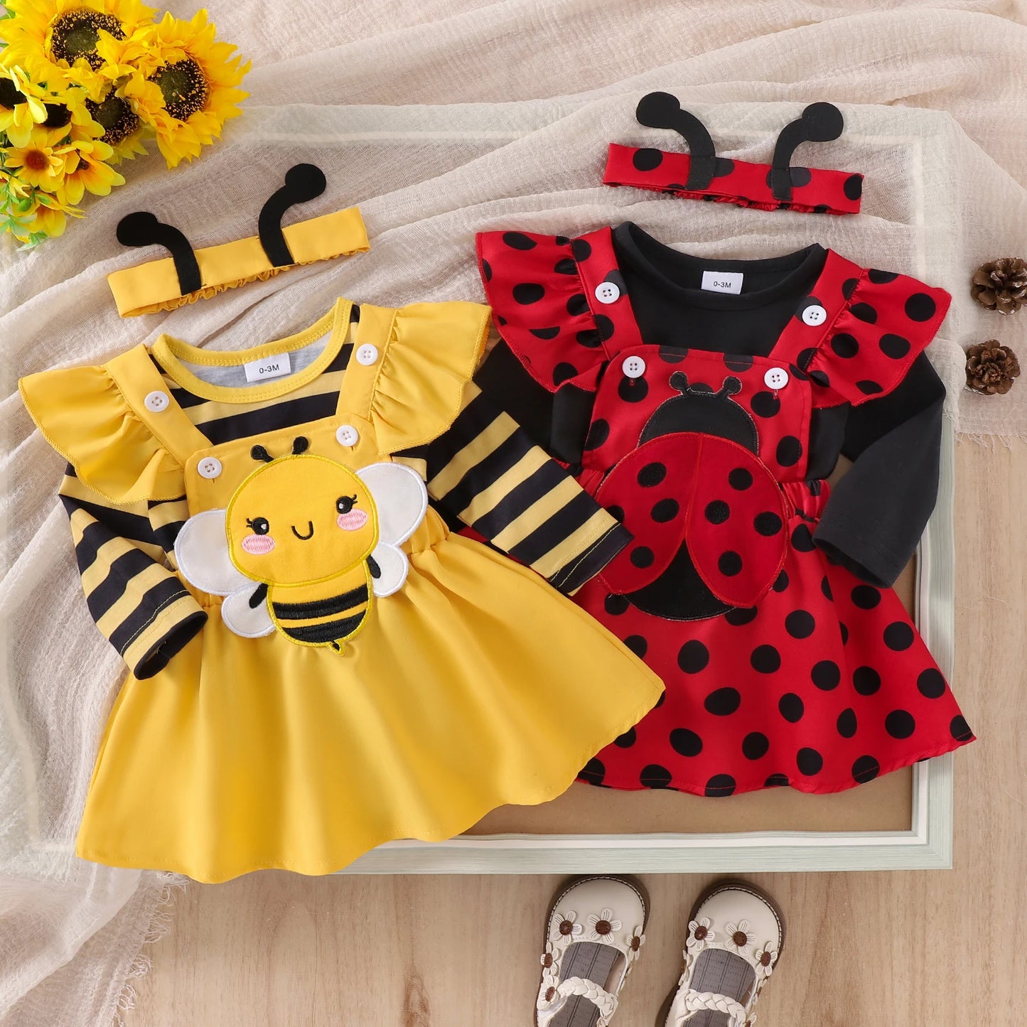 Cute Baby Girls Clothes Sets Flying Sleeve Romper Bee/Beetle Embroidery Suspender Dress Headband Sets Kids Costume