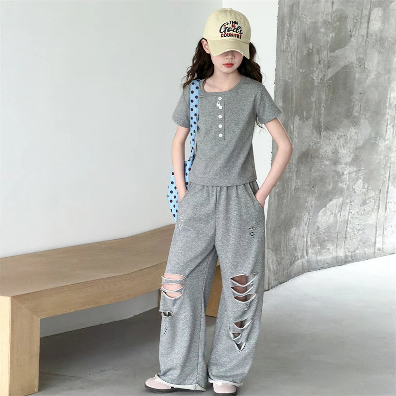 Teenage Girls Clothing Sets 2026 New Grey Fashion Short Sleeve Top+Hole Pants 2Pcs Summer Children Outfits for 5 To 14Years Old