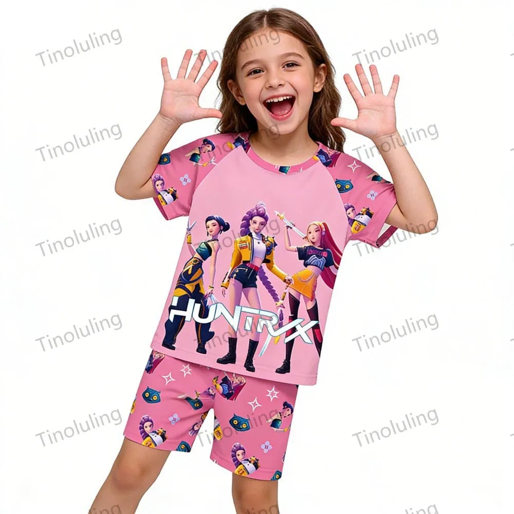Girls Pajamas Sets Kids Toddler 3 to 8 10 11 12 Years Kpop Demon Hunters Summer Pjs Tops+Shorts Two Pieces Pijamas Sleepwear Set