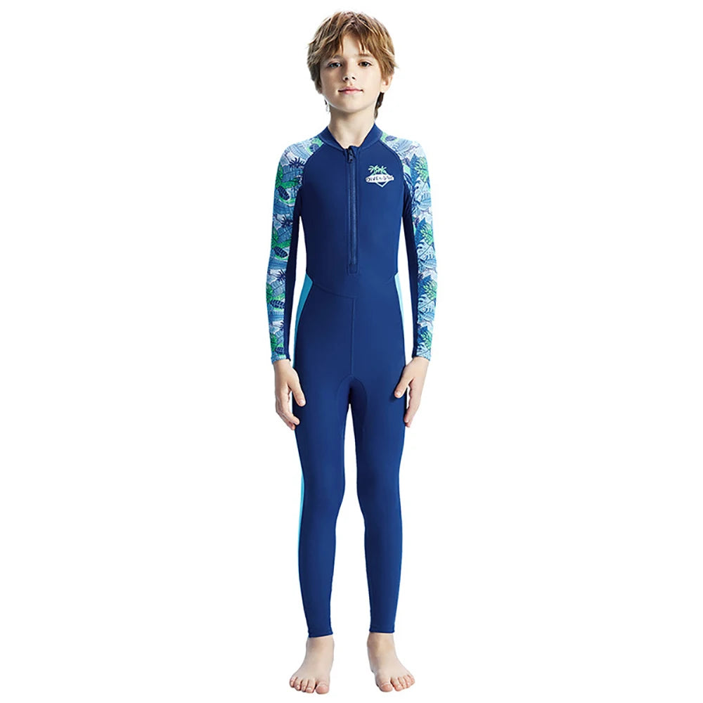 Boys Girls One-Piece Swimsuits Swimwear Long Sleeve Wetsuits Bathing Suit Beachwear Sun Protection(Including Swimming Cap)