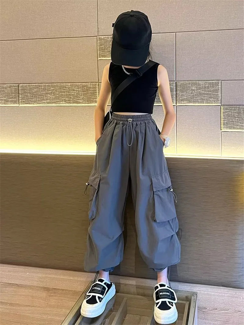 Girls Loose Joggers Pants Teen Casual Straight Trousers Fashion Children Pockets Design Cool Streetwear Big Kids Pants 5-14 Year