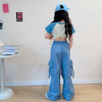 Girls Cargo Pants Spring Children Straight Wide-leg Pockets Pants Summer Teenager Fashionable Loose Trousers 5-14 Years Old