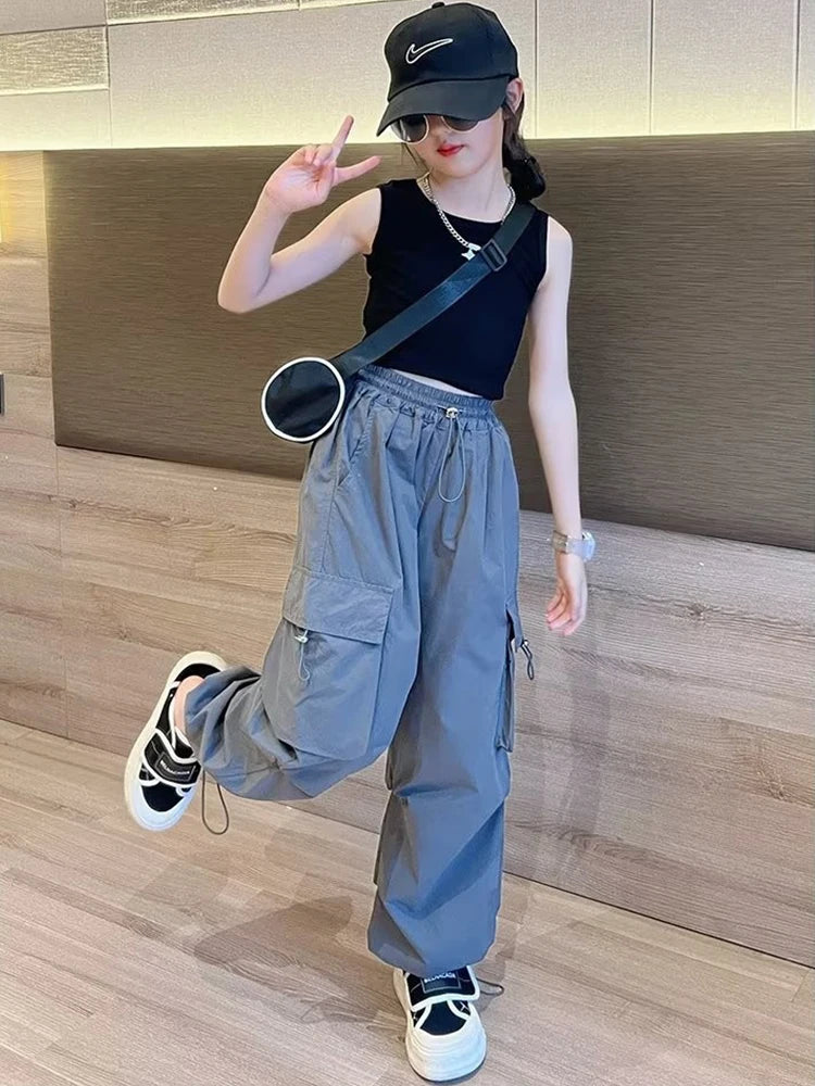 Girls Dance Pants Kids Hip Hop Joggers Pant Straight Trousers High Waist Vintage Casual Teenage Streetwear Baggy Pant 5-14 Years