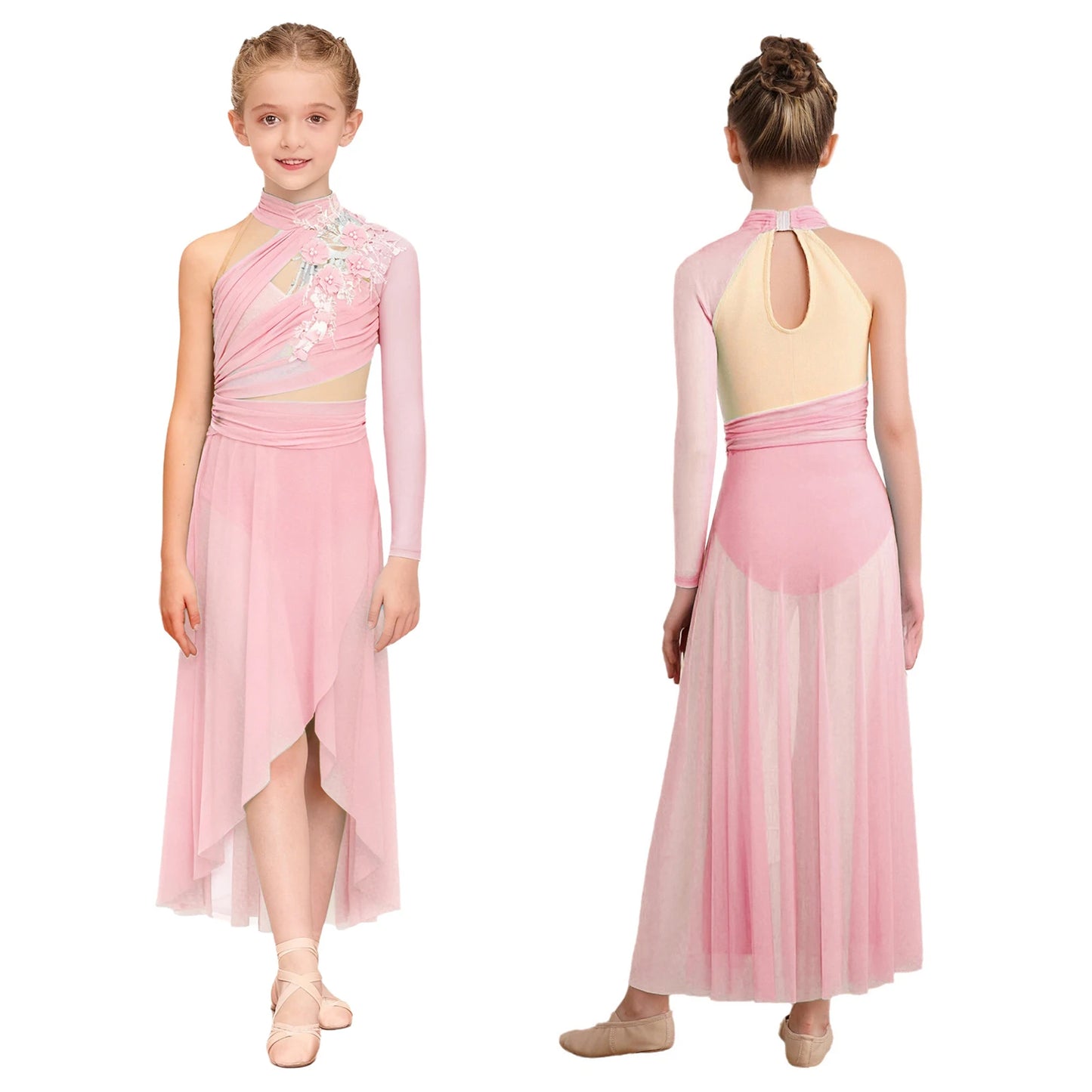 Kids Girls Modern Lyrical Dance Dresses Delicate Applique Keyhole Back Side Split Irregular Hem Asymmetrical Ruched Mesh Dress