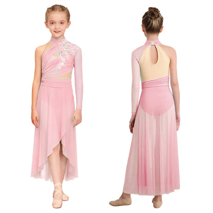 Kids Girls Modern Lyrical Dance Dresses Delicate Applique Keyhole Back Side Split Irregular Hem Asymmetrical Ruched Mesh Dress