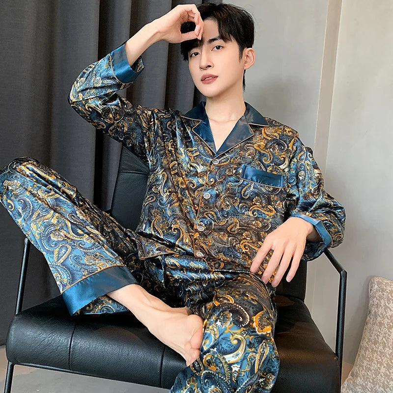 Pajamas Men Spring Summer Thin Ice Silk Luxurious Loose Fitting Home Wear Suit Male Satin Pyjamas Set Night Pajamas Set Men