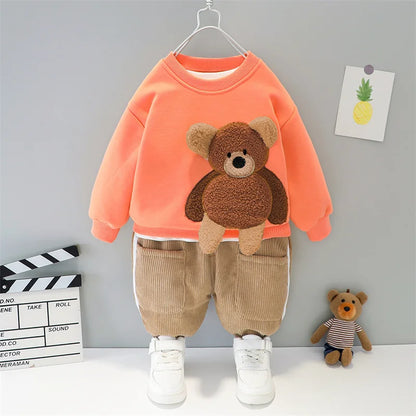 Baby boy clothes autumn winter plus velvet warm thickening suit boys and girls cartoon bear sweater + corduroy pants baby 2pcs