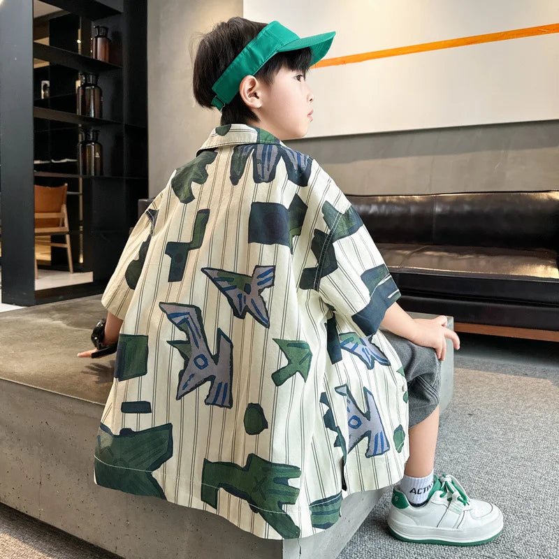 New Summer Teenager Striped Shirt for Boy Short Sleeve Korean Casual Style Big Kids Cotton Blouse Children's Stylish Clothes