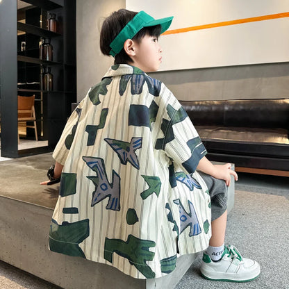 New Summer Teenager Striped Shirt for Boy Short Sleeve Korean Casual Style Big Kids Cotton Blouse Children's Stylish Clothes
