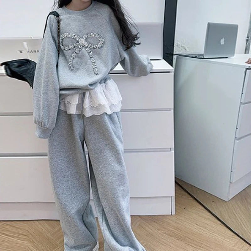 Teen Girls Clothing Set Spring Autumn New Solid Color Bow Sweatshirt+Lace Patchwork Pants 2Pcs Suit For 6-14 Years Girls Outfit