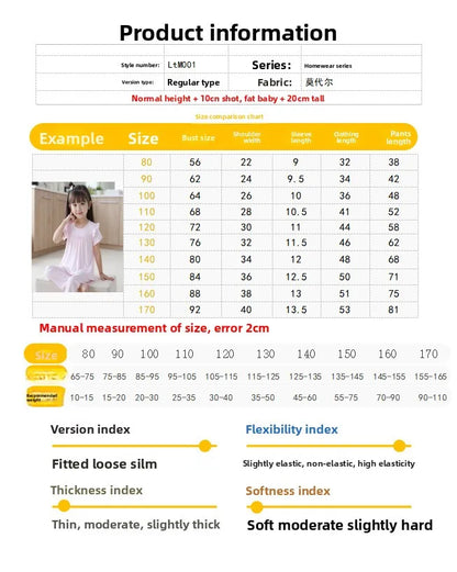 Girls' Short Sleeved Pajamas Home Clothes Set Modal Spring and Summer Thin Edition Children's Air Conditioning Lace Princess