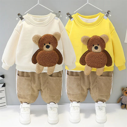 Baby boy clothes autumn winter plus velvet warm thickening suit boys and girls cartoon bear sweater + corduroy pants baby 2pcs