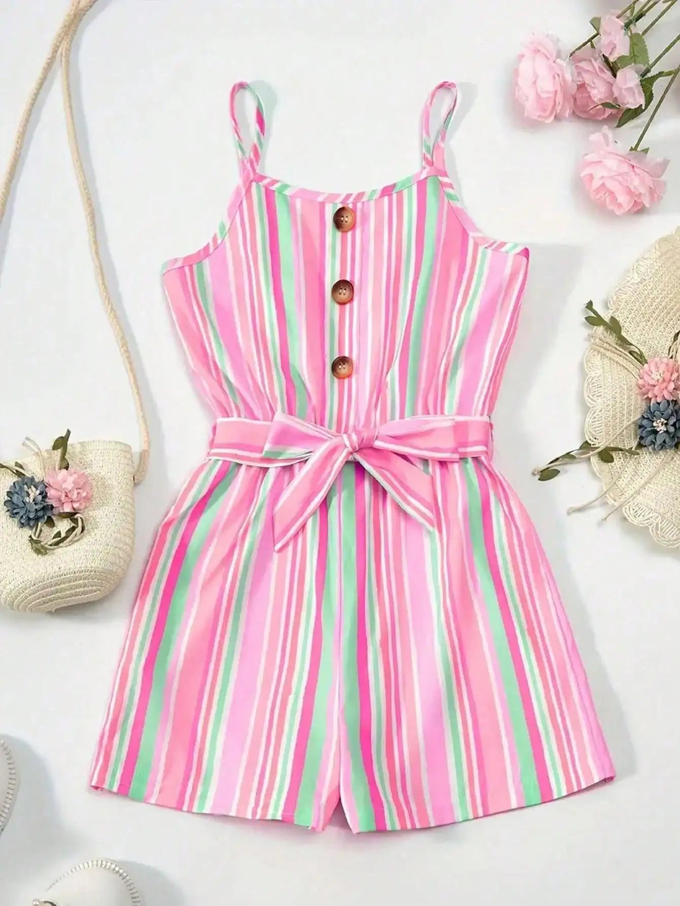 Girls Summer Casual Sleeveless Jumpsuit with Stripes And Buttons Cute Colorful Suspender Shorts for Kids