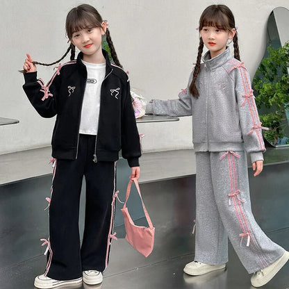 Teen Girls Clothing Set Spring Autumn Striped Bow Jacket+Pants 2Pcs Leisure Tracksuit for Kids Clothes For 5 6 8 10 12 14 Years