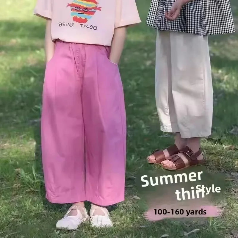 Girls Straight Pants Kids Loose Fit Casual Trousers Summer Wear Teen Mid-to-Big Children Thin Wide Leg Pants 5-14 Years