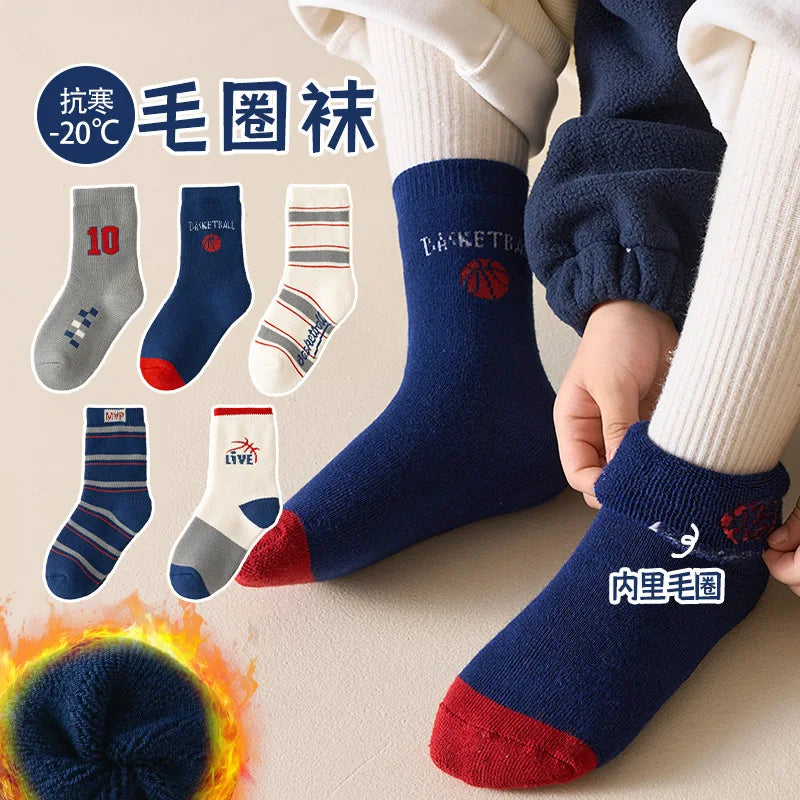 5 pairs of thick socks for girls in winter, medium to large-sized long tube looped socks with fleece added